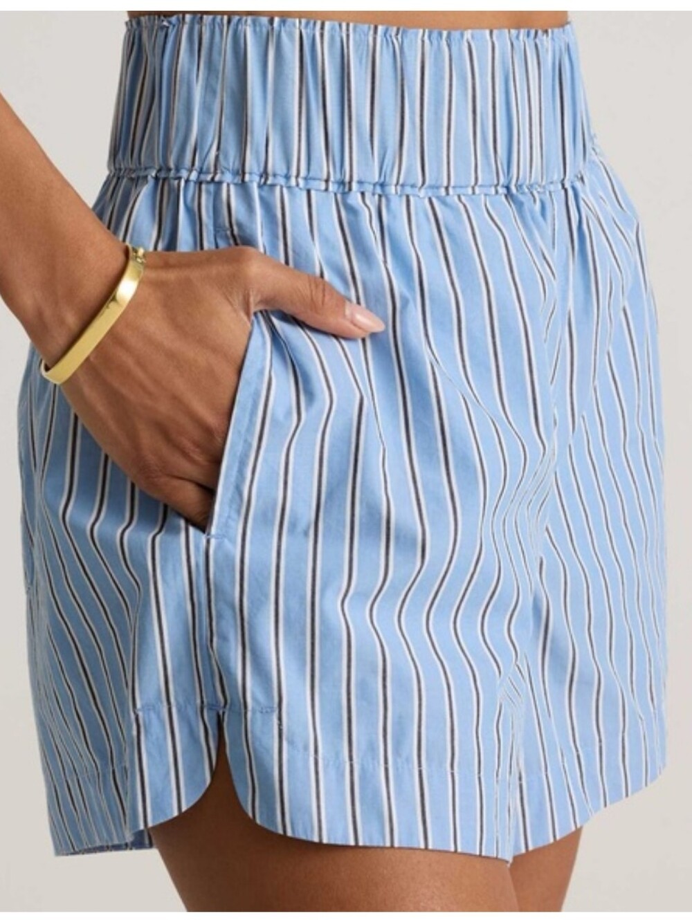 Quince Organic Cotton Poplin Shorts Striped Blue Elastic Pockets Size L